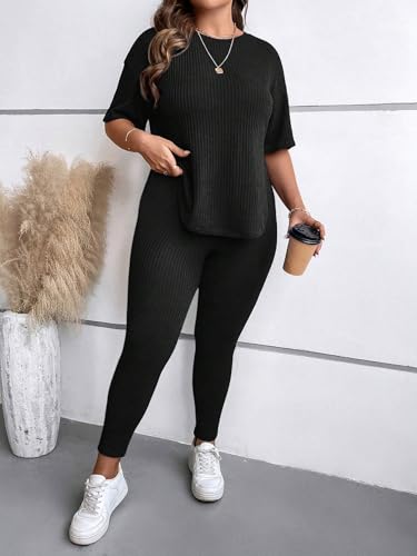 Conjunto de ropa de salón para mujer con leggings elásticos y camiseta acanalada 2