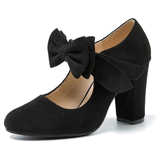 MAIERNISI JESSI Women's Bowknot Mary Jane Block Heel Round Pumps Closed Toe Dress Shoes