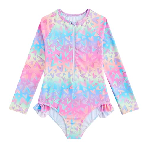WYTbaby Traje de baño de manga larga para niñas, traje de baño de una pieza de verano para niñas de 3 a 8 años, Corazón rosa., 7-8 años