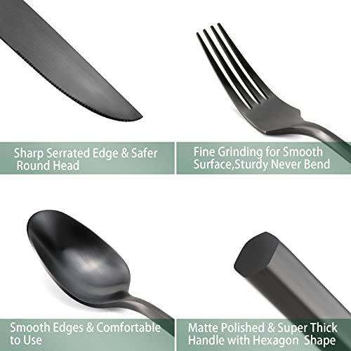 Silverware-Set-Flatware-Set-Matte-Black-Cutlery-Set-Brushed-Finished-Hexagon-Handle-Heavy-Stainless-Steel-40-Pieces-Dishwasher-Safe-Service-for-8 Silverware Set Flatware Set Matte Black Cutlery Set Brushed Finished Hexagon Handle Heavy Stainless Steel 40 Pieces Dishwasher Safe Service for 8