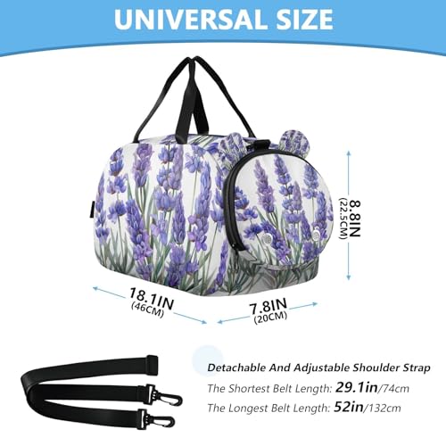 YETTASBIN Sport Travel Duffel Bag for Girls Boys, Lavender Large Waterproof Weekender Overnight Bag, Detachable Shoulder Strap Gym Bag with Shoe Compartment & Wet Pocket3