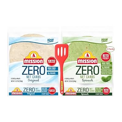 Mission Zero Net Carbs Tortilla Variety 2 Pack, Spinach & Original, 8 Soft Taco Size, Two 8 Count (16 Tortillas) with ValorServeTM Mini Kitchen Utensil - Keto Friendly Low Carb Tortillas