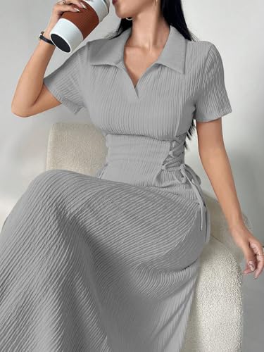Image of Shasmi Women's Solid Color Applique Lace-Up Collared Short Sleeve, Side-Tie Waist Long Casual Maxi Women Dress Outfit Long Evening Midi Western Party Dress for Women (Dress 211)