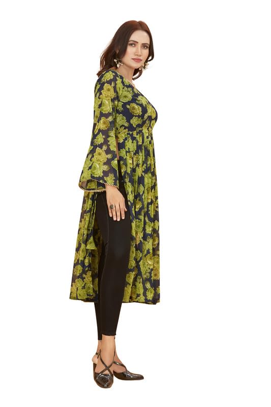 Image of ODD BY chansi TRENDZ Women's Poly Georgette Long Sleeves V-Neck Flared Kurti