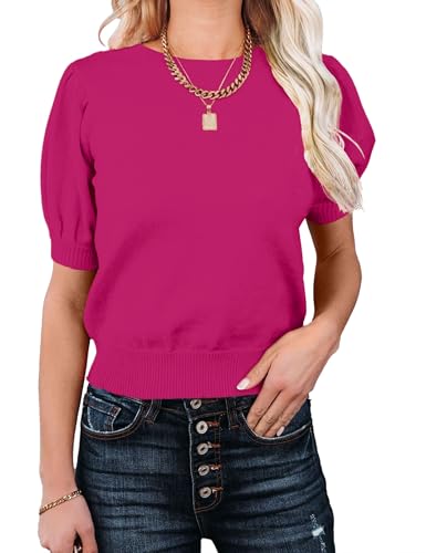 Image of Womens Puff Short Sleeve Sweater Tops Crewneck Basic Knit Pullover Lightweight Casual Sweaters