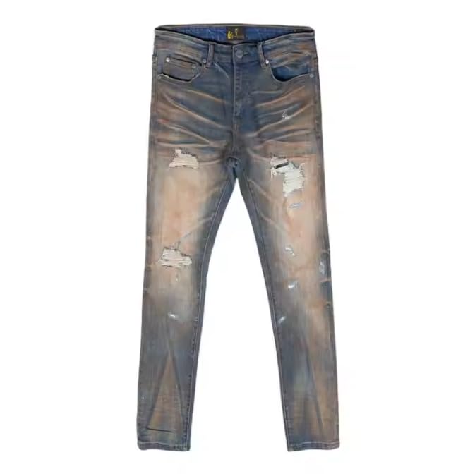 Men's Slim-fit Mid-Rise Denim Jeans with Tie-dye and Holey Design, Hip-hop Streetwear Men's Jeans