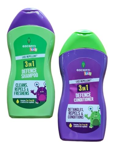 Approved Kids Lice Repellent 3 in 1 Defence Shampoo & Conditioner duo set. 300ml Shampoo cleans, repels & freshens. 300ml Conditioner detangles, repels & conditions. Contains Tea Tree Oil. 2 pack.