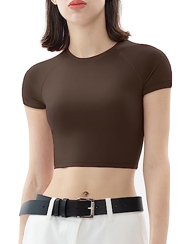 PUMIEY Crop Tops for Women Short Sleeve Crew Neck T Shirt Sexy Baby Tees Tiramisu Medium