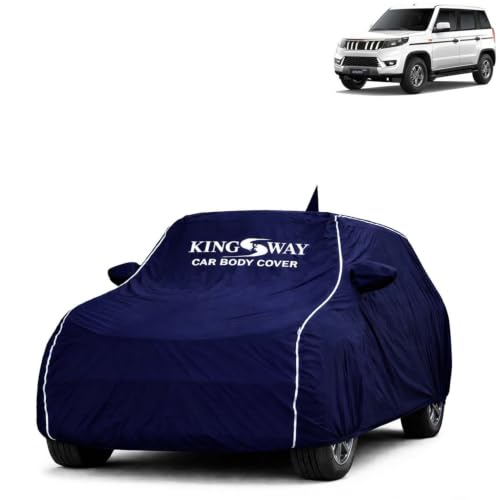 Image of KINGSWAY Super Waterproof Car Cover Only with Mahindra Bolero Neo (Year 2021 Onwards - All Model) | Mirror and Antenna Pockets | All Weather Car Body Cover with Silver Piping | Blue