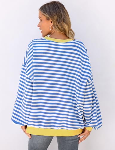 Image of UEU Women Oversized Striped Crewneck Sweatshirt Long Sleeve Color Block Pullover Tops Casual Loose Workout Shirt