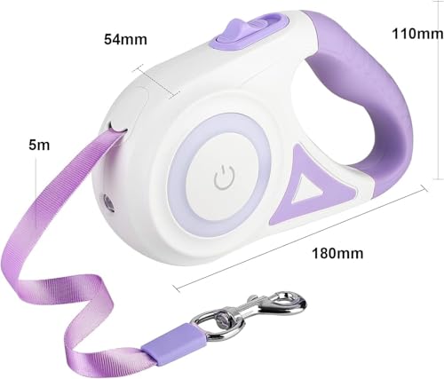 Image of Luminous Retractable Dog Leash with Front Safety Led Light - 3M /10ft 360Tangle-Free Training Leash for Ultimum Freedom with Anti Slip Handle Dogs & Cats - Purple