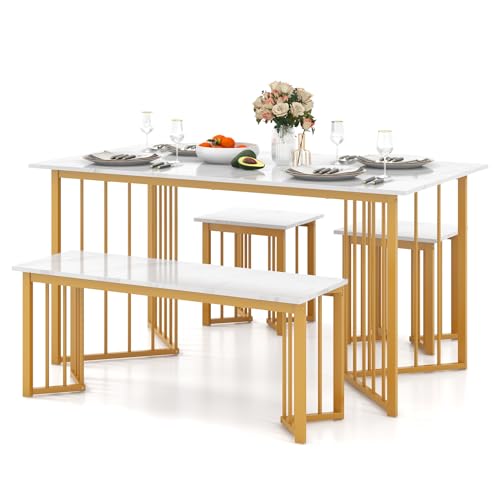 RELAX4LIFE Ensemble Table et Chaises 4 PCS, à Manger avec 2 Tabourets et Banc Encastrables, Grain Marbre, Cadre en Métal Doré, pour Petit Espace, Salle à...