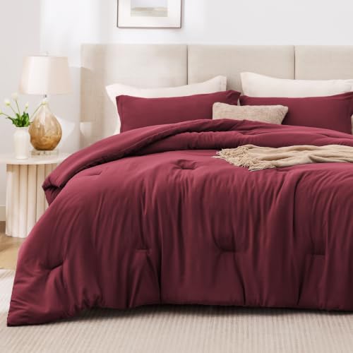Image of Love's cabin Burgundy King Size Comforter Set, 3-Piece Prewashed Bed Set with 1 Comforter (104 x 90 in) & 2 Pillowcases, Lightweight & Breathable for All Seasons