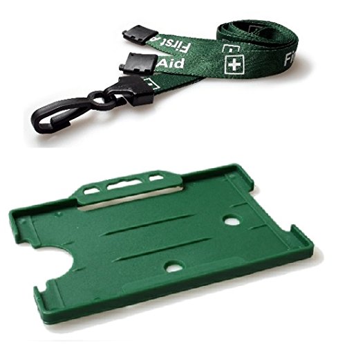 Identity-Plus: Green Pre-Printed First AID Lanyard Neck Strap (Plastic J Clip, Safety Breakaway Point) with Green Landscape Card Holder (50)