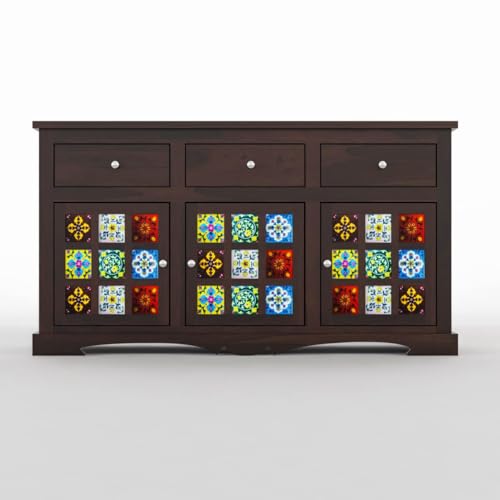 Image of Sheesham Wood Sideboard and Cabinets | Wooden Side Board Tv Cabinet with Multicolor Tiles for Living Room | Free Standing Buffet with 3 Drawers & 3 Door Cabinet Storage, Walnut Finish