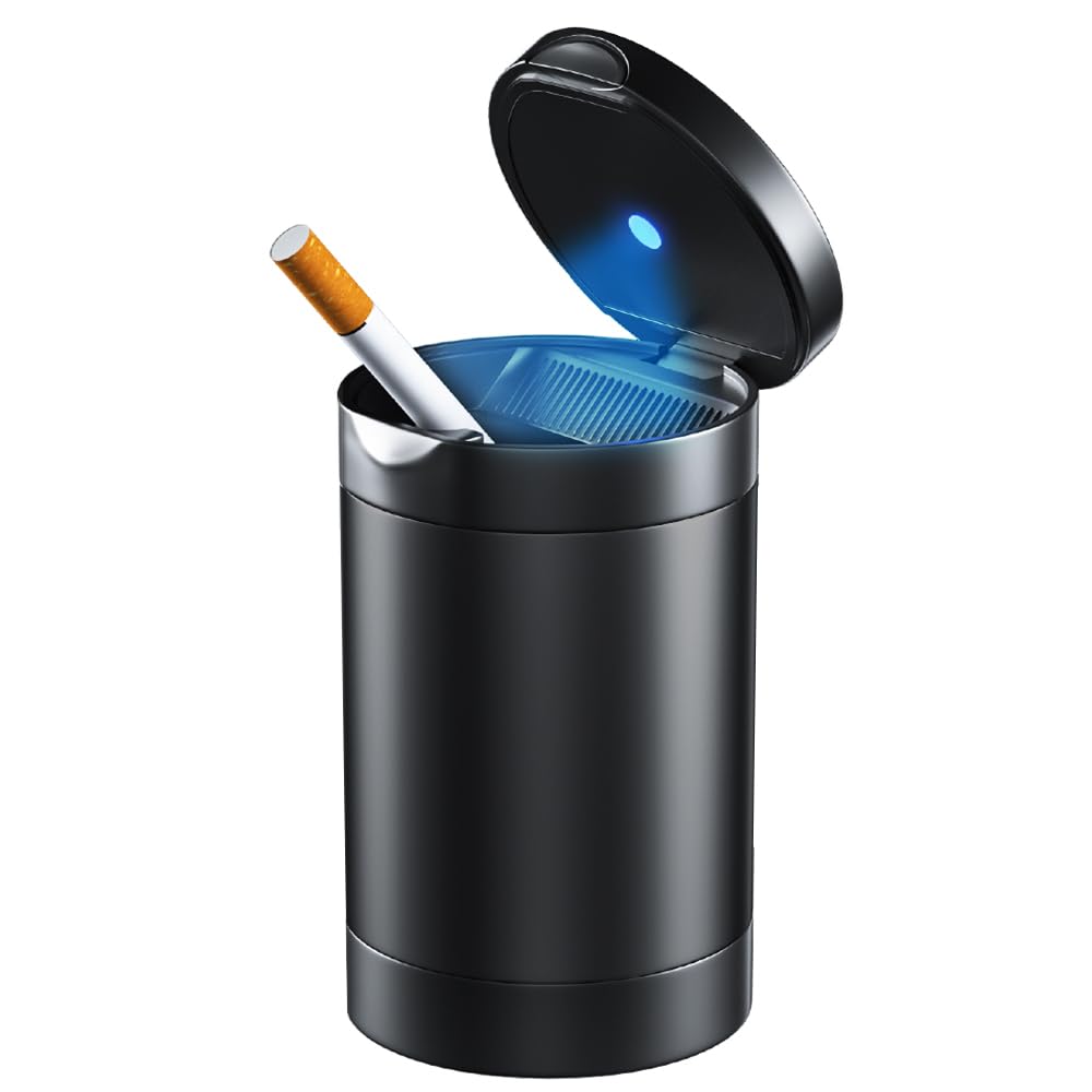 Car Ashtrays, Smokeless Ashtray with Lid, Portable Ash Tray with LED Auto Light, for Most Car Cup Holder, Office, Home (Black)