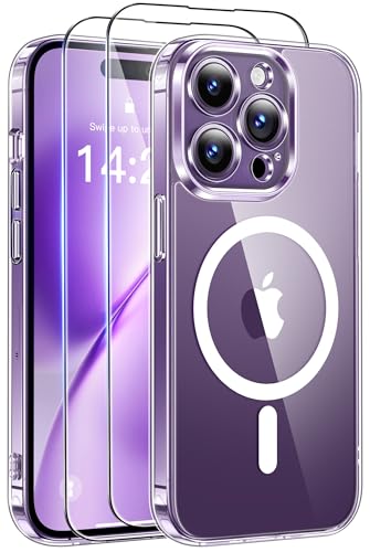 Qasyfanc Magnetic for iPhone 14 Pro Max Case with 2 Tempered Glass Screen Protector Compatible with MagSafe Full Camera Protection [Anti-Yellowing] Shockproof Protection Phone Case Clear