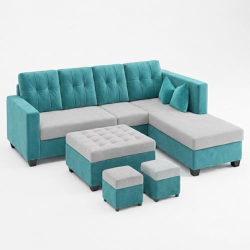 Image of FURNY Nathan 8 Seater L Shape Sofa Set RHS (Sky Blue-Light Grey) | Suede Velvet Finish | Durable Comfort Sofa for Modern Living Room & Office Spaces
