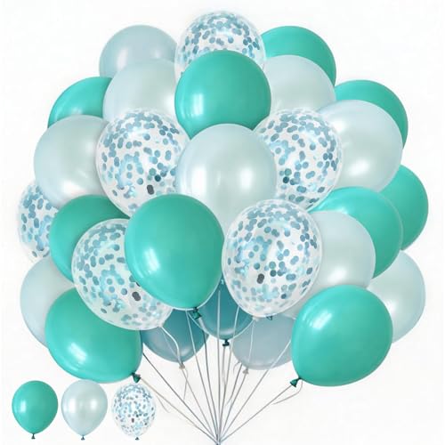 Image of 60Pcs Teal Blue Balloons, 12inch Teal and Light Blue Balloons Turquoise Blue Confetti Latex Balloons for Wedding Bridal Shower Birthday Graduation Party Decorations