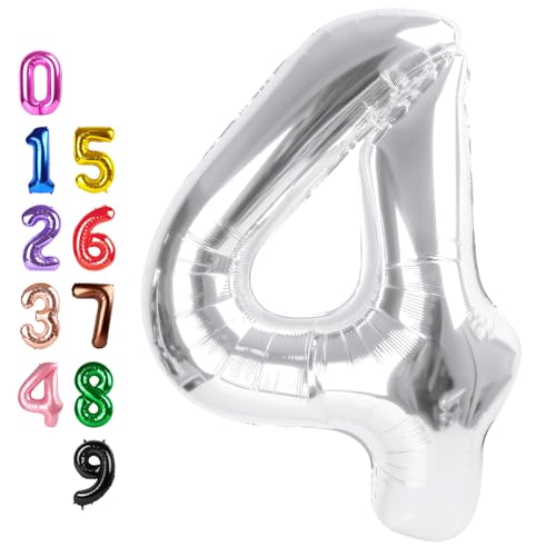 Image of Number Balloons 4 Balloon Silver for 4th Birthday Party Decoration, 40 inch | Saturated Color, Large 40 inch, With Straw & Hanging Hole, For Back-To-School Season, Anniversary, Christmas, New Year