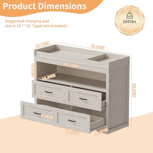 Image of 47.2 inch Beige Nursery Dresser with 4 Drawers and 1 Open Shelf Changing Table Dresser with Changing Table Top Diaper Changing Station with Storage for Nursery Children's Room