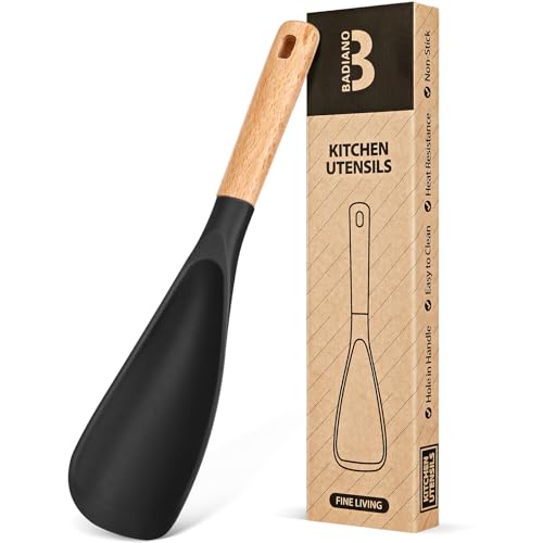 Cooking Spoon for Nonstick Cookwares, Great for Cooking and Serving Sturdy BPA-Free Matte Silicone, Wood Handle Spoon for Mixing, Scoop, and Scrape (BLACK, 11.4 inch)