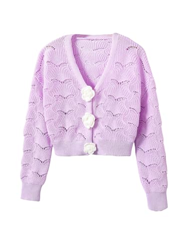 SweatyRocks Girl's 3D Flower Button Down Crop Cardigan Long Sleeve Hollow Out Knit Sweaters Outerwear