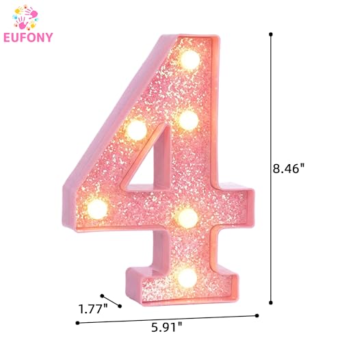 Image of Pink Light Up Marquee Numbers, Glitter LED Number Lights Signs Battery Operated for Girls 4th 14th 24th Pink Birthday Party Table Decorations, 8 Inch Tall Number 4 with Warm White Lights