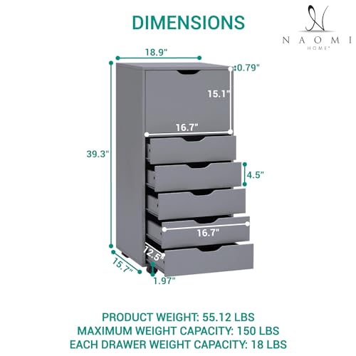Image of Naomi Home 5 Drawer + 1 Cabinet Storage Organizer, Modern Mobile Cabinet for Home & Everyday Storage