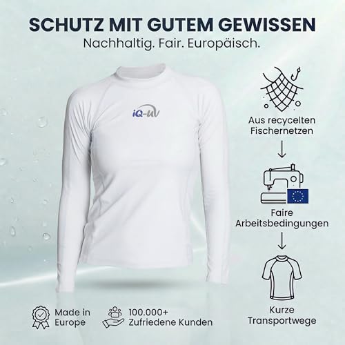 iQ-UV Sportshirt Damen Langarm Slim Fit Weiß S – UV Shirt für Damen für Wasser & Sport – Rash Guard mit UV-Schutz – Langarm Sportshirt – Ideal zum Schnorcheln und Schwimmen