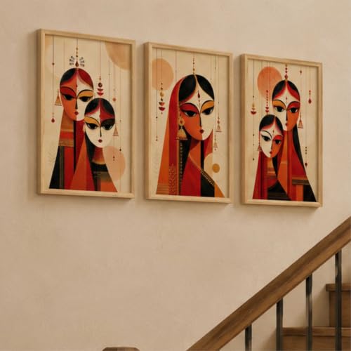 Image of Livin'luxe Set of 3 Traditional Indian Women Wall Paintings for Living Room Bedroom Home Decor with Premium Wooden Color Synthetic Frame (13.5 x 19.5 Inch) NM03-64