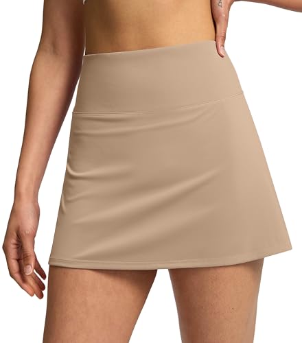 Soothfeel Tennis Skirts for Women High Waisted Golf Skirt with Shorts Pockets Workout Athletic Skort for Summer Casual (Beige Khaki, S)