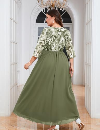 Image of ZOMVA Plus Size Maxi Formal Dress Lace Chiffon Floral V-Neck Wrap Wedding Guest Evening Gown Cocktail Prom 3 /4 Sleeves