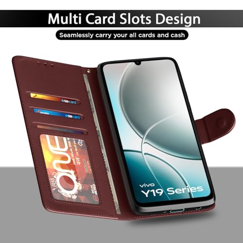 Image of Pikkme Flip Cover for iQoo Z10 lite 5G / Vivo T4 lite 5G / Y19 5G / Y19e / Y04 4G / Y29s 5G| Leather Finish | Shockproof with Card Pockets & Wallet Stand | Ultimate Protection Case (Brown)