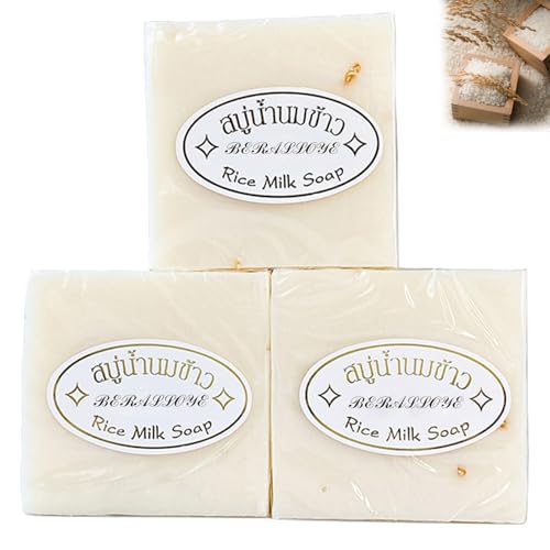 BERALLOYE 3PCS Vegan Rice Soap for Body & Face Gentle Long-lasting Moisturizing for All Skin Type Deep Cleaning Handmade Soap Bar for Men & Women