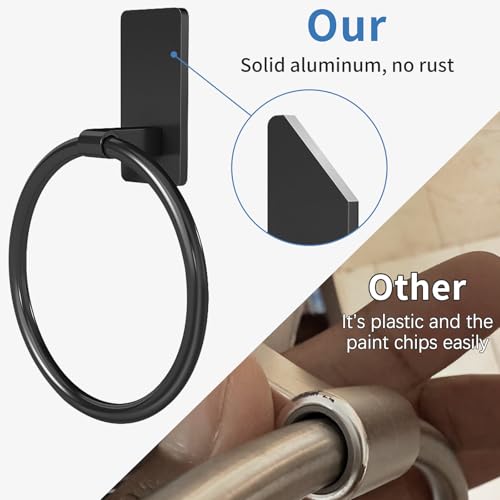 Image of STWWO Black Hand Towel Holder for Bathroom, Adhesive Towel Rings, 2 Pack | Self Adhesive Round Towel Holder for Bath RV Kitchen, No Drill Hole