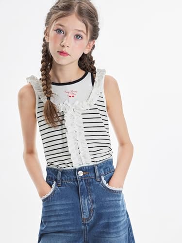 Image of Girls Tank Tops Summer Sleeveless Camisole Vest Stripes and Bows Cute Shirt for 6-16years