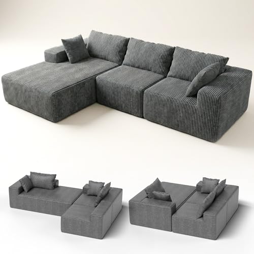 RUMMY Modular L-Shaped Corduroy Sofa, Boneless Cloud-Style Sectional with High-Resilience Foam, Deep Seat Comfort, and No-Assembly Desgn for Living Ro