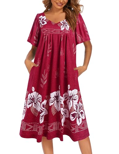 Image of Ekouaer Women's House Dress - Pleated Nightgown with Short Sleeves & Pockets