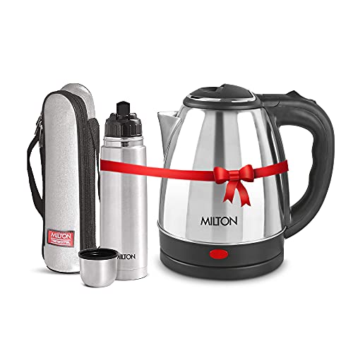 Image of MILTON Euroline Combo Set Go Electro Stainless Steel Electric Kettle, 1.5 Litres, Silver And Flip Lid Thermosteel Hot Or Cold Stainless Steel Water Bottle With Jacket, 500 Ml, Silver, 1350 Watt