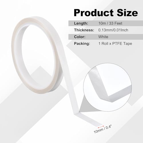 PATIKIL Hitzefestes Band, 0,4 Zoll x 33 Fuß Hochtemperaturband PTFE-Klebeband Hochtemperaturband Wasserdicht für Vakuumversiegelungsmaschine Isolierungsschutz, Weiß, 0,13 mm dick