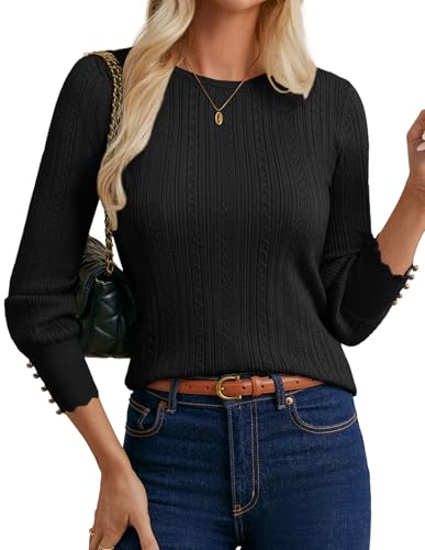 GRACE KARIN Women Long Sleeve Sweater Cable Knit Crewneck Sweater Lightweight Knit Pullover Tops with Decorative Buttons