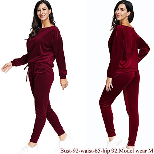 Fixmatti Women 2Pc Soft Velvet Long Sleeve Top Sweatpants Jogger Suit M Red #TOP3