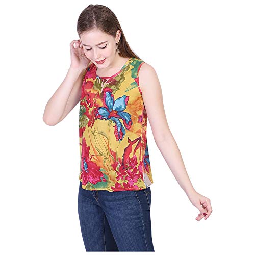 HAZARI Women's Cotton Voile Top Yellow Sleevesless Front Button (Large) Amazon.in Fashion