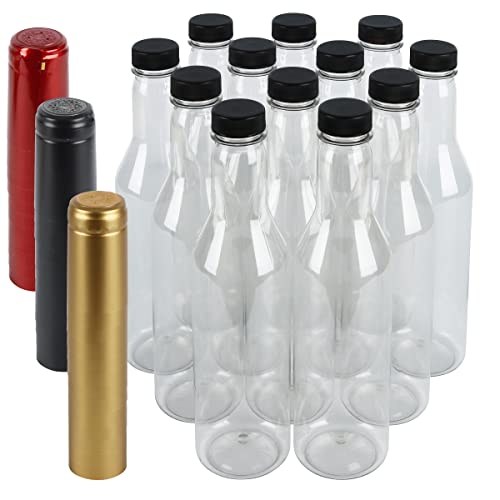 Pellah PET Plastic Bottles and caps,12 Oz 375 ml, 12 Sets, With Screw Closures Lids And GOLD Heat Shrink Seals, For Hot Sauce Wine Alcohol Juice