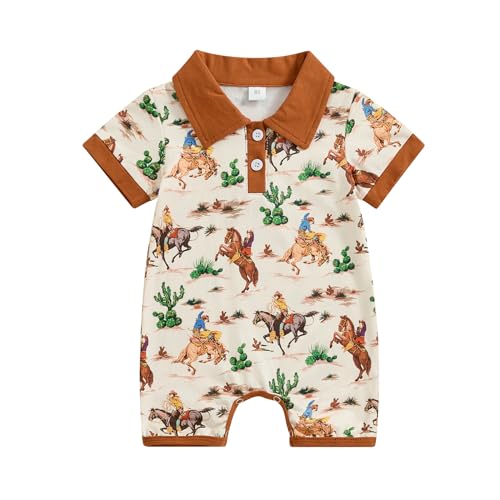 Lesimsam Newborn Baby Boy Western Clothes Cow/Horse Print Romper Jumpsuit Short Sleeve Button Up Collared Bodysuit Outfit - Main Image