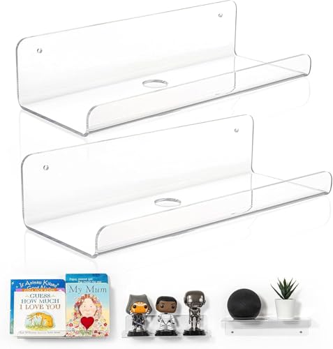 Image of Acrylic Floating Wall Shelves, 15 x 4 x 2.5 in, Clear, Set of 2, Modern Wall Mount Display Shelf (Clear, 10 in, 2)