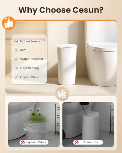 Image of Cesun 5 Gallon Automatic Bathroom Trash Can with Lid, White, Touchless