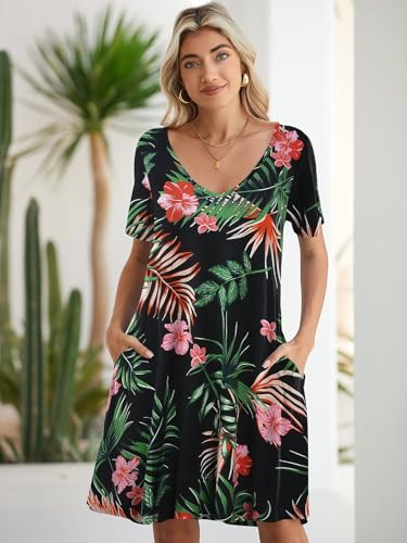 Image of BELAROI Women Casual Summer Dresses Loose Tshirt Beach Sundress V Neck Plus Size Swing Tunic Pockets