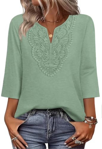 Image of WIHOLL 3 /4 Length Sleeve Womens Tops Boho V Neck Lace Shirt Trendy Blouses Dressy Casual Vacation Clothes S-3XL